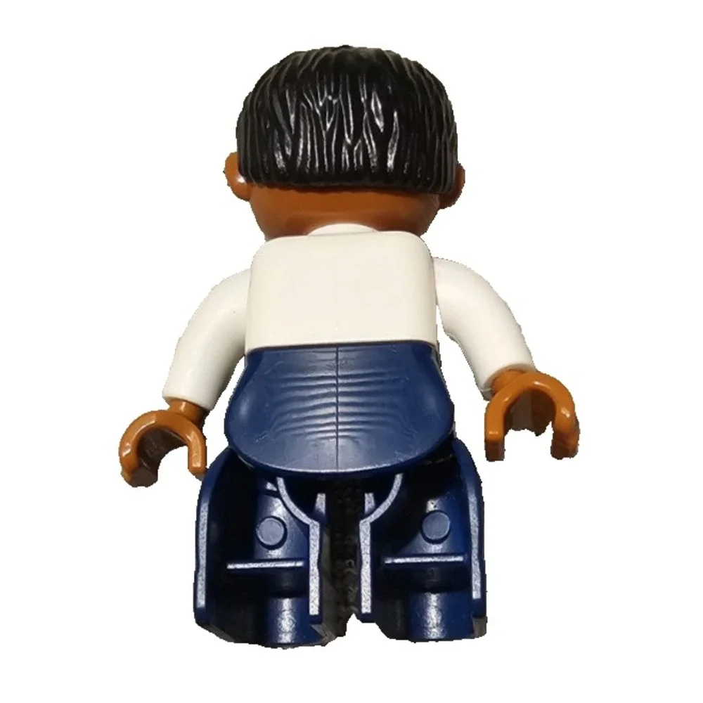 Lego DUPLO Figure Male Dark Blue Legs White Top Buttons & Stripes Black Hair